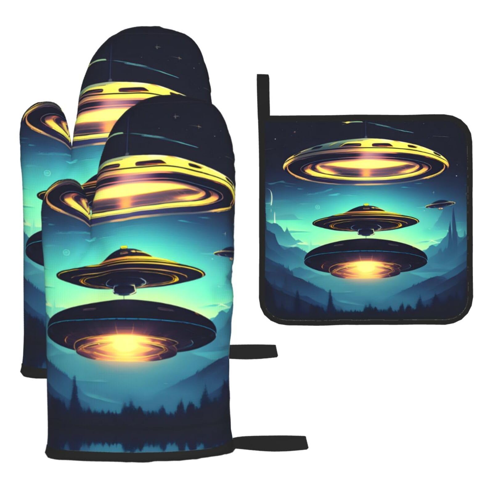Spacecraft descend Oven mittens and oven mitts three-piece set suitable for oven, grilling, baking, microwave and home cooking.