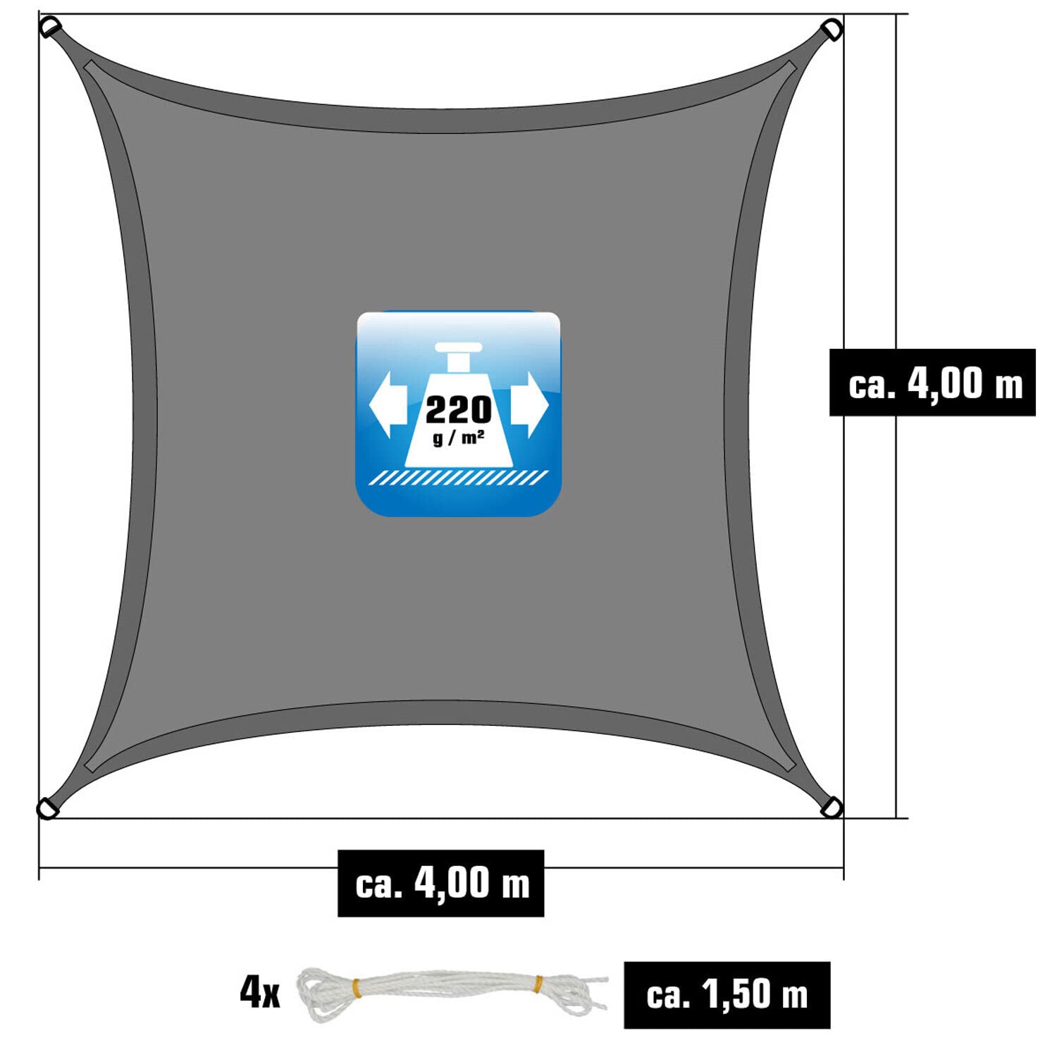 AMANKA Toldo Vela Rectangular 4x4 m - 90% Protección UV - Toldo Permeable para Exterior - Tela Toldo Sombra - Toldo para Pergola - Tela Solar Exterior - Lona Camping Sombra Toldos de Piscinas Toldo 4m