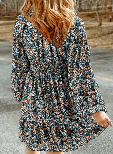 Dokotoo Fall Dresses For Women 2024 Boho Smocked V Neck Long Lantern Sleeve Bohemian Floral Casual Loose Empire Waist Mini Babydoll Cute Dress A-Line Short Sun Dress Sundress Blue Large thumb #1