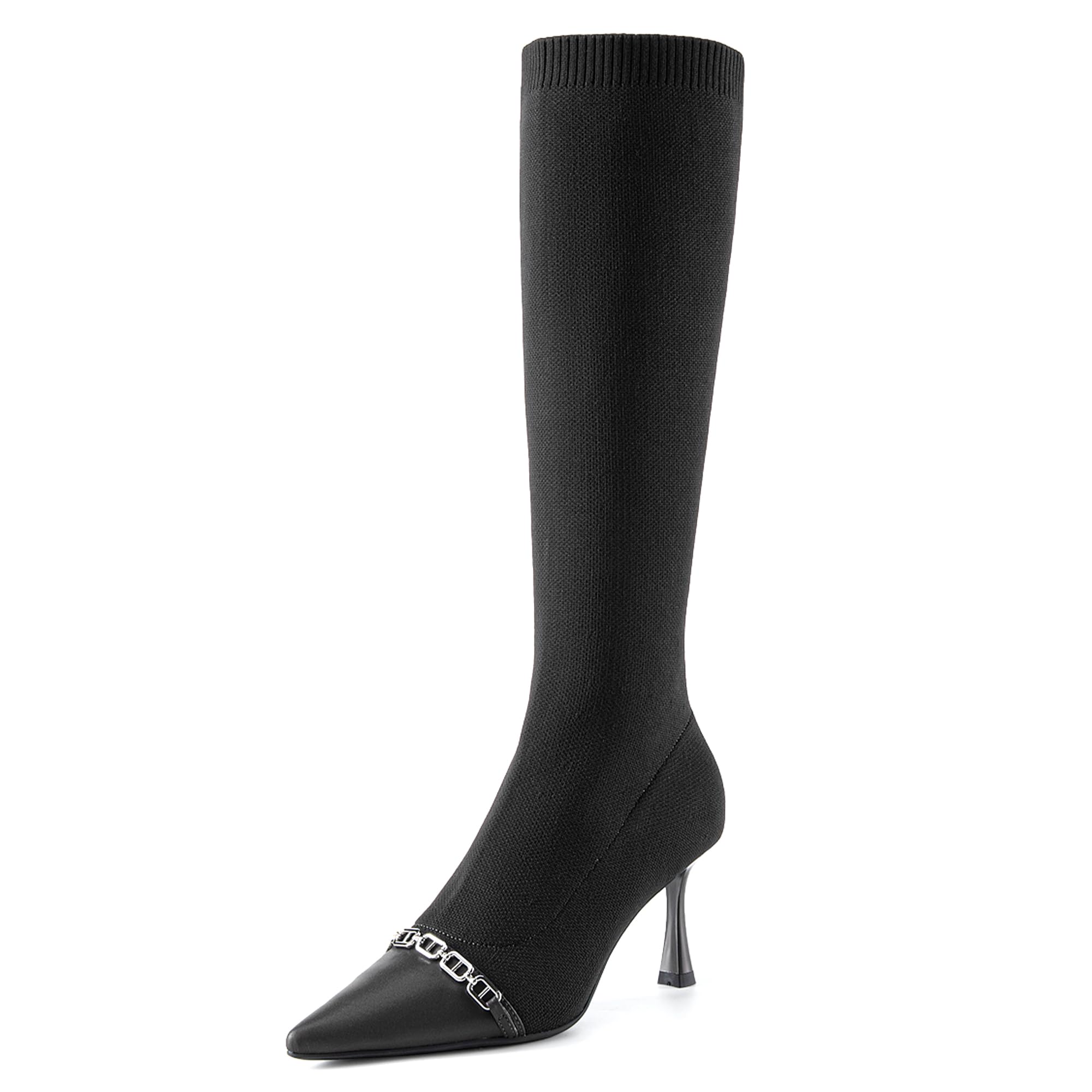 NEWBELLA COSY Womens Knit Pointed Toe High Boots Stretch High Booties for Women Comfortable Fall Winter Casual Shoes