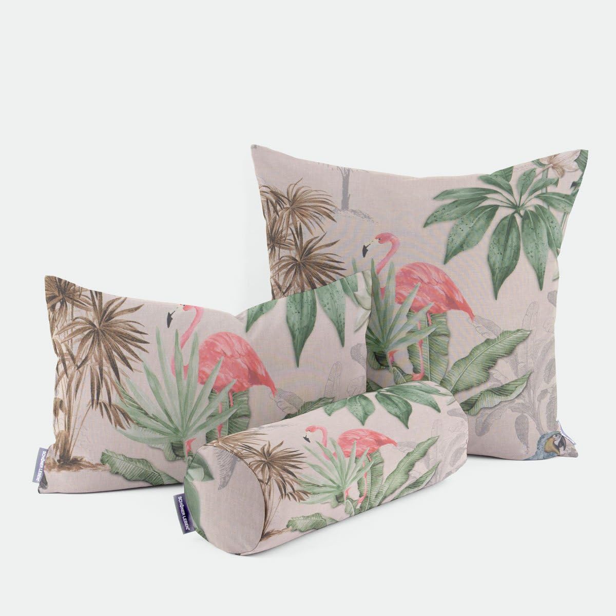 SCHÖNER LEBEN. Kissenhülle Outdoor Palmen Papagei Flamingo beige bunt, Größe:15x40cm (ØxB) Nackenrolle