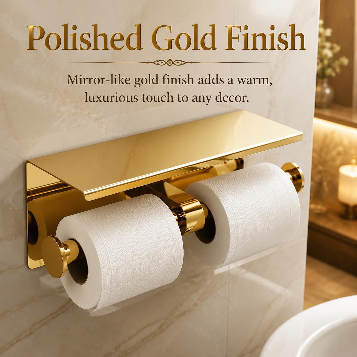 Toilet Paper Holder with Shelf, Stainless Steel, Holds 2 Rolls, Gold — Amazon image 5