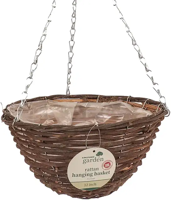 Kingfisher 12in Dark Rattan Hanging Basket with Liner & Chain