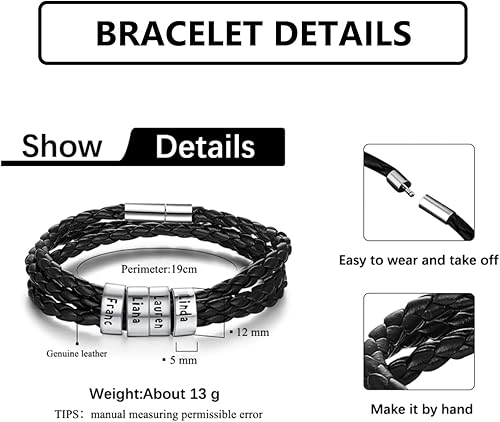 Miniatura 3 de REMFACIO Mens Leather Bracelets Personalized Name Engraved Bracelet Leather Braid Bracelet Gifts for Men Dad Husband Grandpa Boyfriends