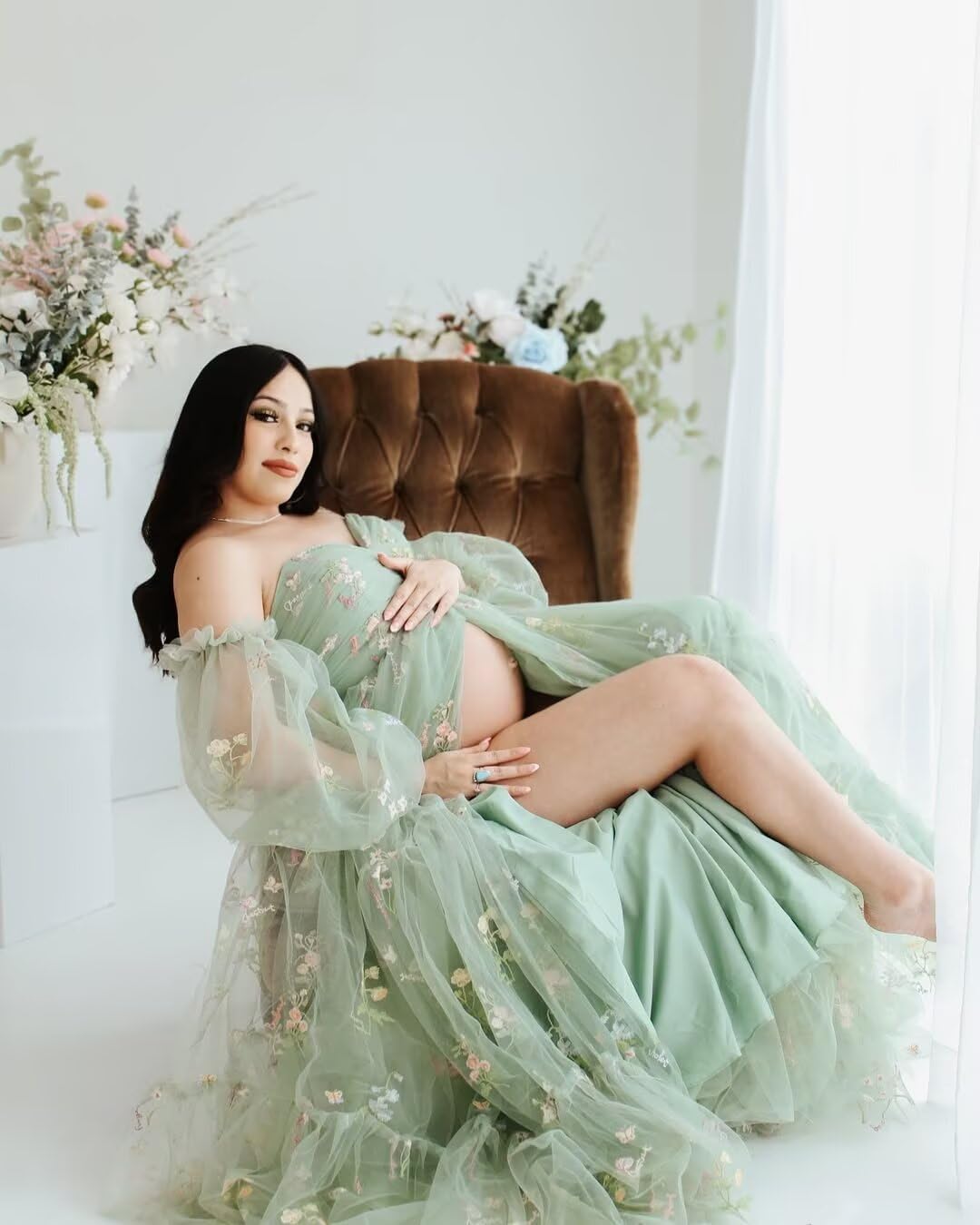 yinyyinhs Flower Embroidery Tulle Maternity Dresses for Photoshoot Long Puffy Sleeve Off Shoulder Pregnancy Baby Shower Dress