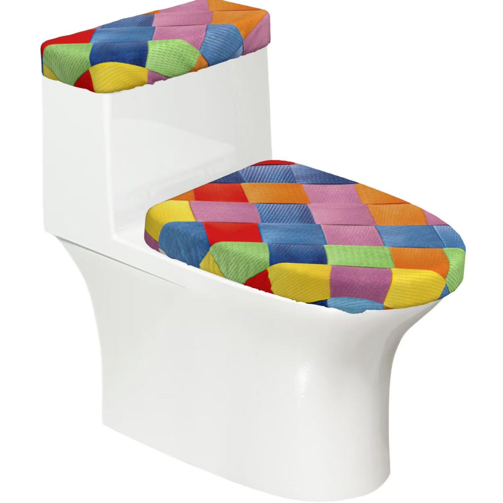 Colorful Plaid Print Bathroom Decor Toilet Lid Cover And Tank Covers, Restroom Accessories Fits Most Round