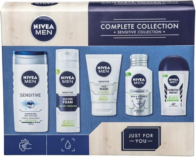 NIVEA MEN Sensitive Kit Gift Set (5-Piece) Sensitive Skin Men Gift Set Includes Full-Size Deodorant, Face Wash, Aftershave Balm, Men's Moisturiser, & Shower Gel