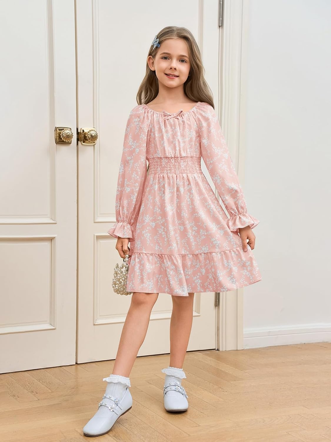 Haloumoning Girls Fall Long Sleeve Floral Dresses Kids Square Neck Smocked Holiday Party Dress 5-14 Years - Image 4