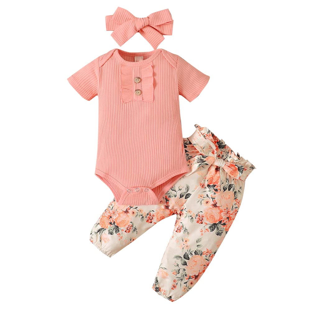 HopscotchGirls Cotton, Polyester Onesie And Floral Print Pant Set With Headband in Pink Color