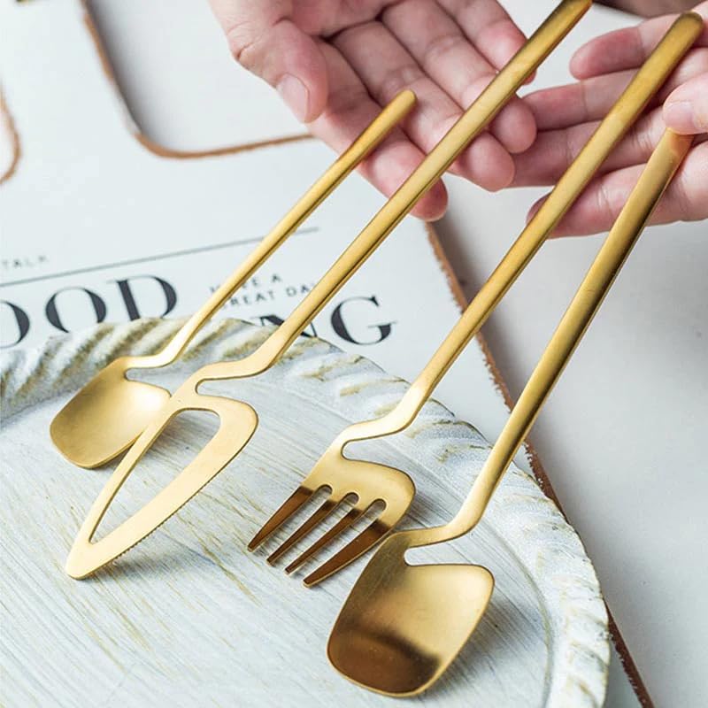 Image of Modern Stainless Steel Flatware Set - 4-Piece Unique Bent Handle Cutlery Set - Fork, Knife, Spoon & Teaspoon - Elegant Kitchen & Dining Silverware Set for Home & Restaurant (Gold)