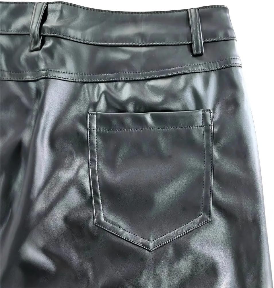OTFTHPCW Men's PU Leather Riding Pants Slim Straight Leg Faux Leather Trousers for Fall Spring