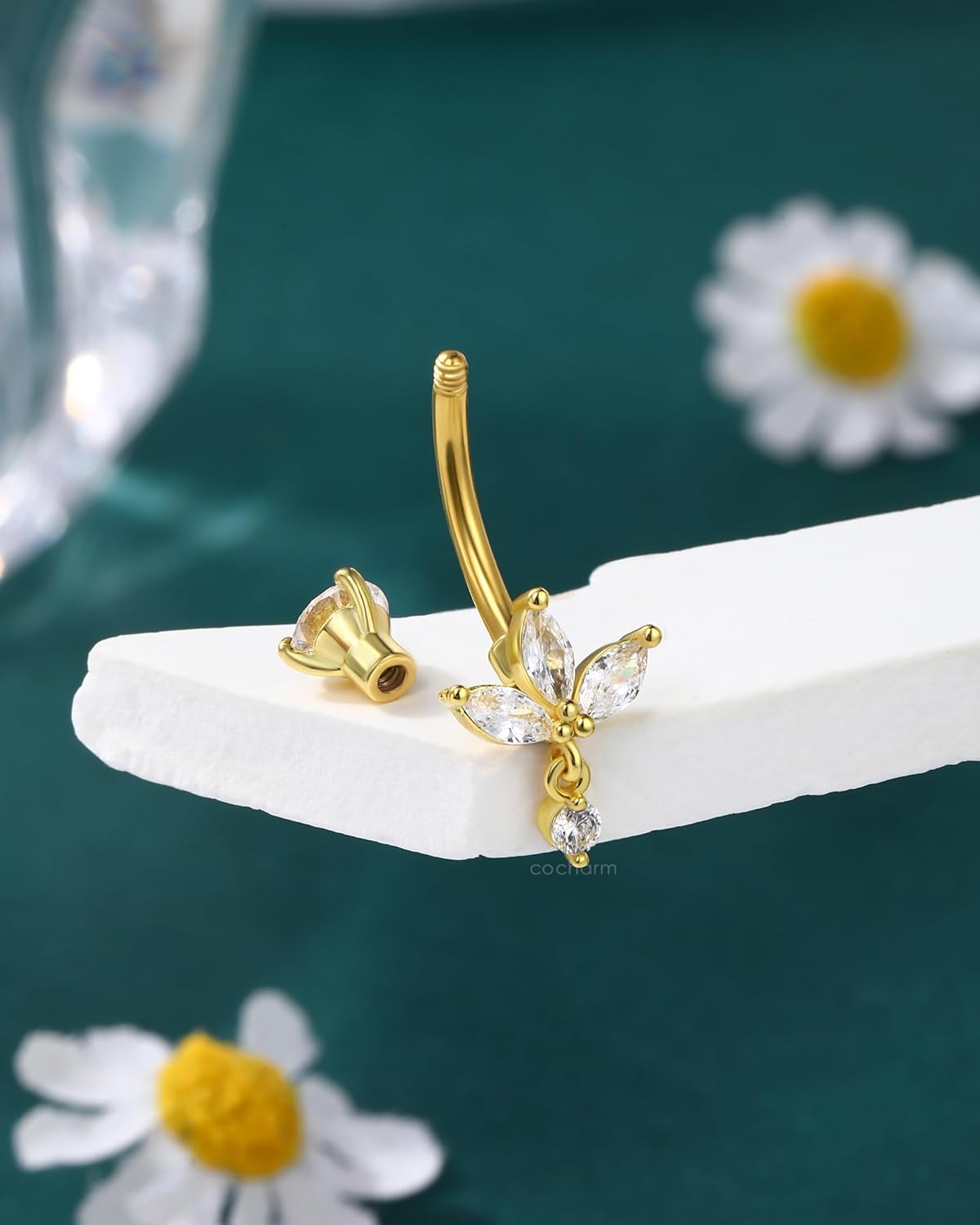 COCHARM Lotus Belly Button Rings Dangle 14G Dangle Belly Navel Button Piercing Surgical Steel Navel Piercing Jewelry Dangling - Image 5