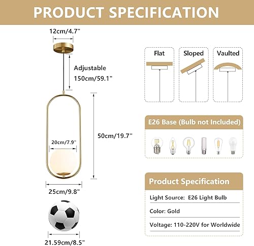 Miniatura 2 de KCO Lámpara colgante de 1 globo de luz, moderna iluminación colgante ajustable de mediados de siglo, luz colgante dorada con globo de vidrio