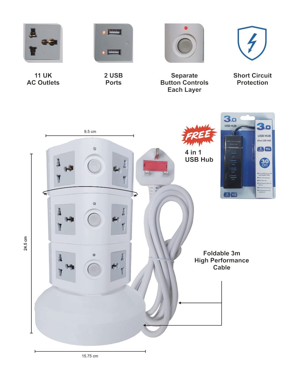 Tower Extension Cord Universal Multi Power Socket 220V With USB Ports 3M Cord and UKPlug Power