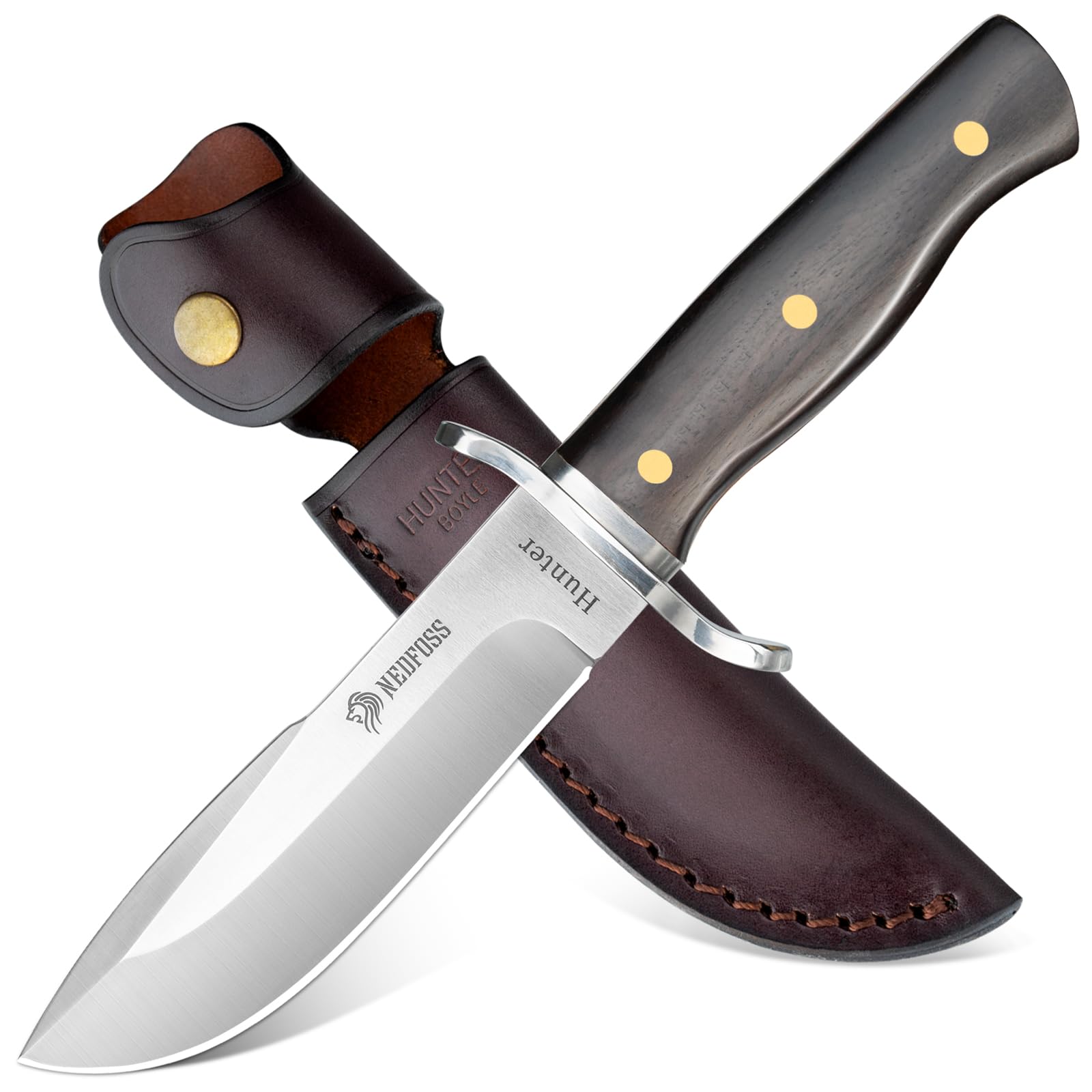 NedFoss HUNTER coltello da caccia, 11,4 cm, in acciaio D2, 42a, elegante manico in legno, affilato per esterni con fondina, coltello bowie, in confezione regalo per bushcraft
