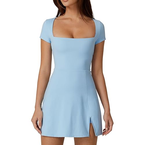 QINSEN Womens Square Neck Tennis Dress Short Sleeve Built in Shorts Golf Athletic Dress with Pockets