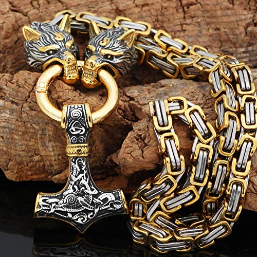 GuoShuang Men Wolf head norse viking amulet thor hammer pendant necklace -stainless steel king chain2