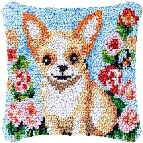 Image of Latch Hook Kits Pillow Cover Cute Chihuahua Dog Printed Canvas Cushion Crochet Yarn Needlework DIY Hook Latch Kit Embroidery Pillowcase Rug Home Sofa Christmas Decoration 43x43cm(1)