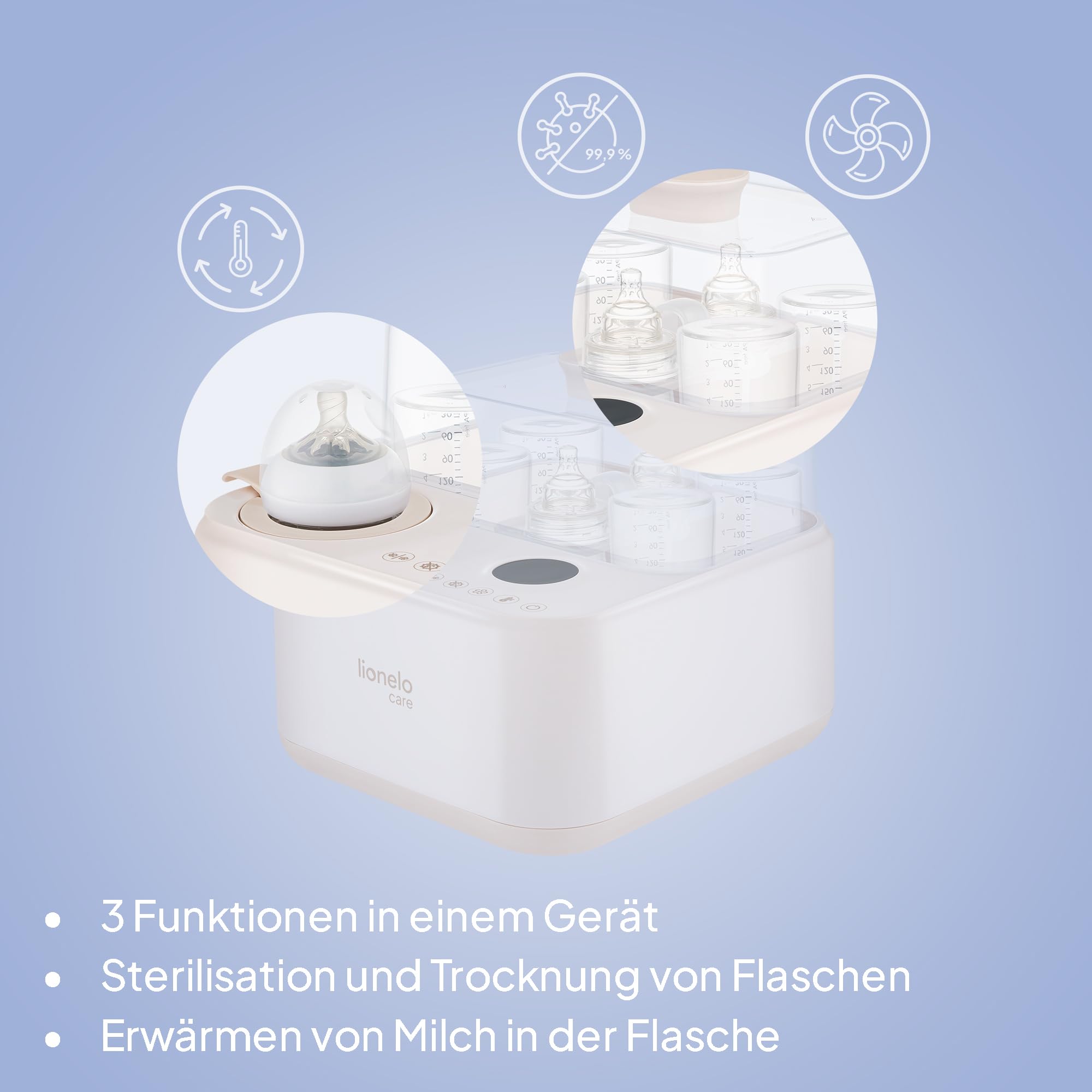 Lionelo SteamUp 3in1 Sterilisator für Babyflaschen mit Trockner & Flaschenwärmer Baby, Dampfsterilisator für 4 Flaschen, 99,99% Keimreduktion, Touchpanel, Abschaltautomatik, BPA-frei