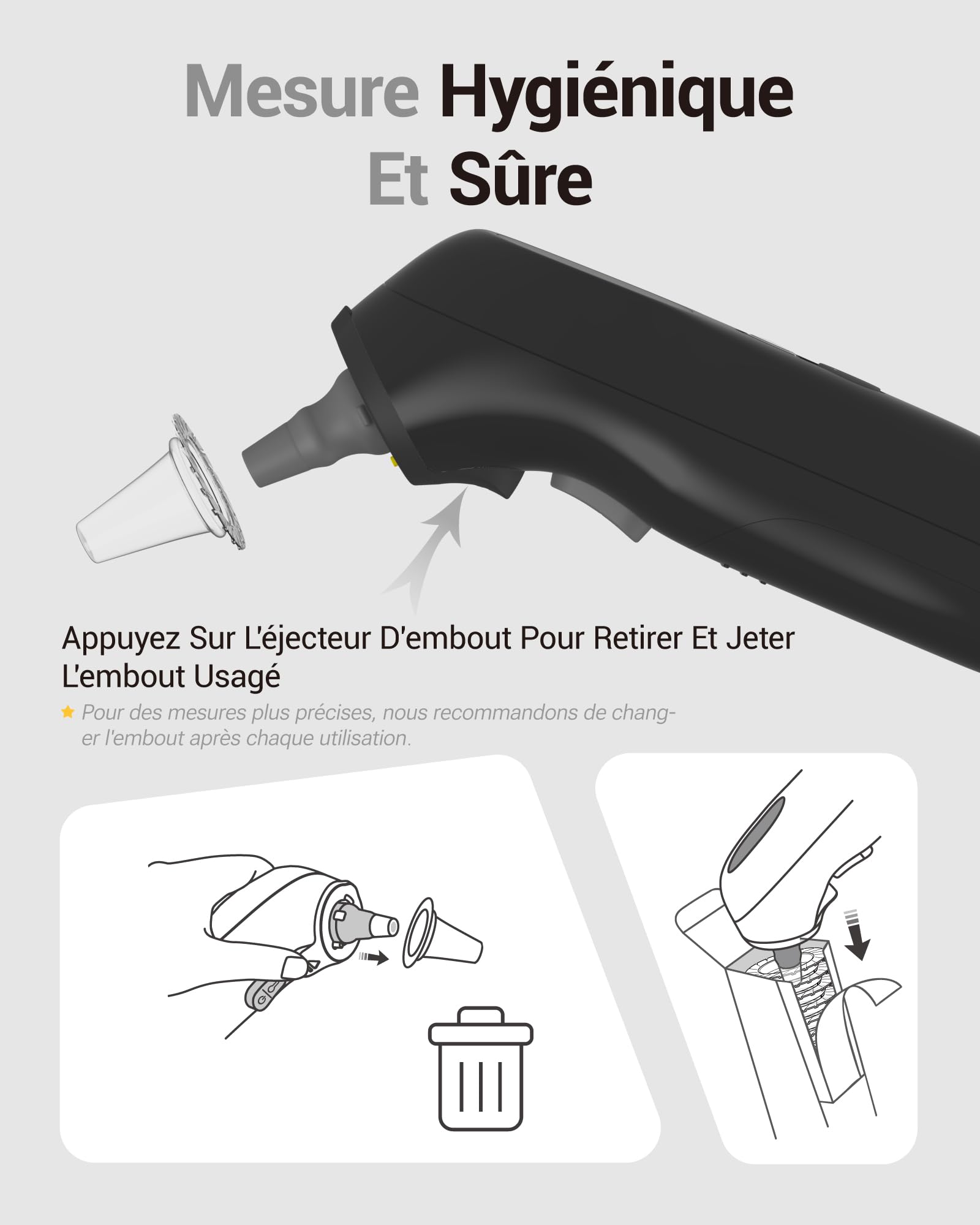 Thermomètre Auriculaire Haute Précision - Mesure en 1 Seconde - Guidage Intelligent par Tranche d'Âge - Mode Silencieux - Thermomètre Numérique pour Enfants et Adultes - 20 Embouts Jetables Inclus