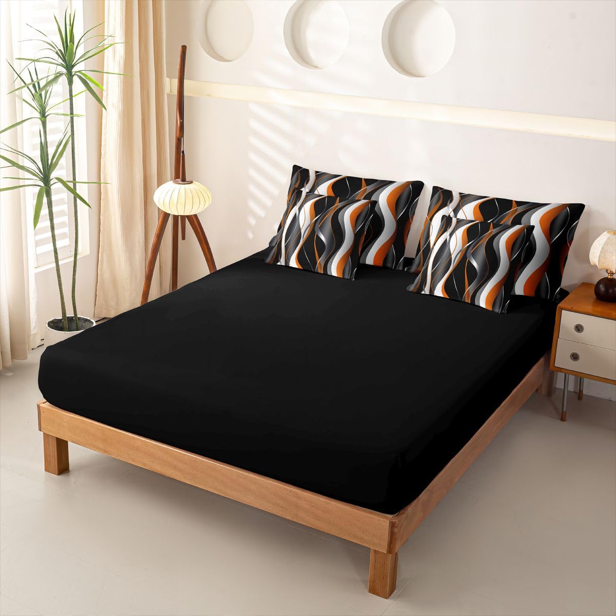 Loussiesd Juego de funda de edredón de 7 piezas, diseño geométrico en espiral, color naranja, gris y negro, juego de ropa de cama con funda de edredón, sábanas, fundas de almohada y fundas de cojín
