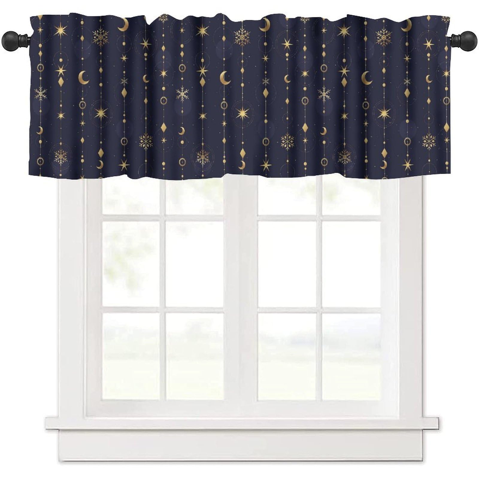 moderw Magical Moon Valance Curtains Vintage Gold Crescents Stars Snowflakes Christmas Style Window Treatment Valance for Cabin Farmhouse Living Dining Room Kitchen Café Décor 54x18inch