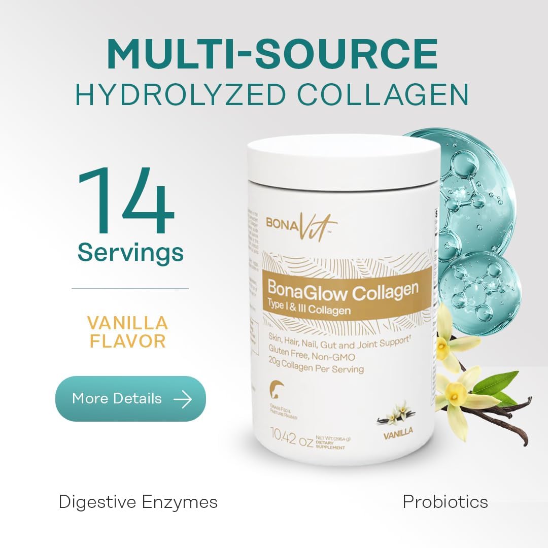Collagen Peptides - Type I & III - Premium Hydrolyzed Collagen Powder - with Digestive Enzymes & Probiotics - High Dosis of Collagen & Protein - 14 Servings - BonaGlow Vanilla