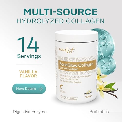 Miniatura 2 de BonaGlow - Colágeno de vainilla en polvo, colágeno hidrolizado tipo I y III con probióticos y enzimas, soporte para la piel, el cabello, las uñas