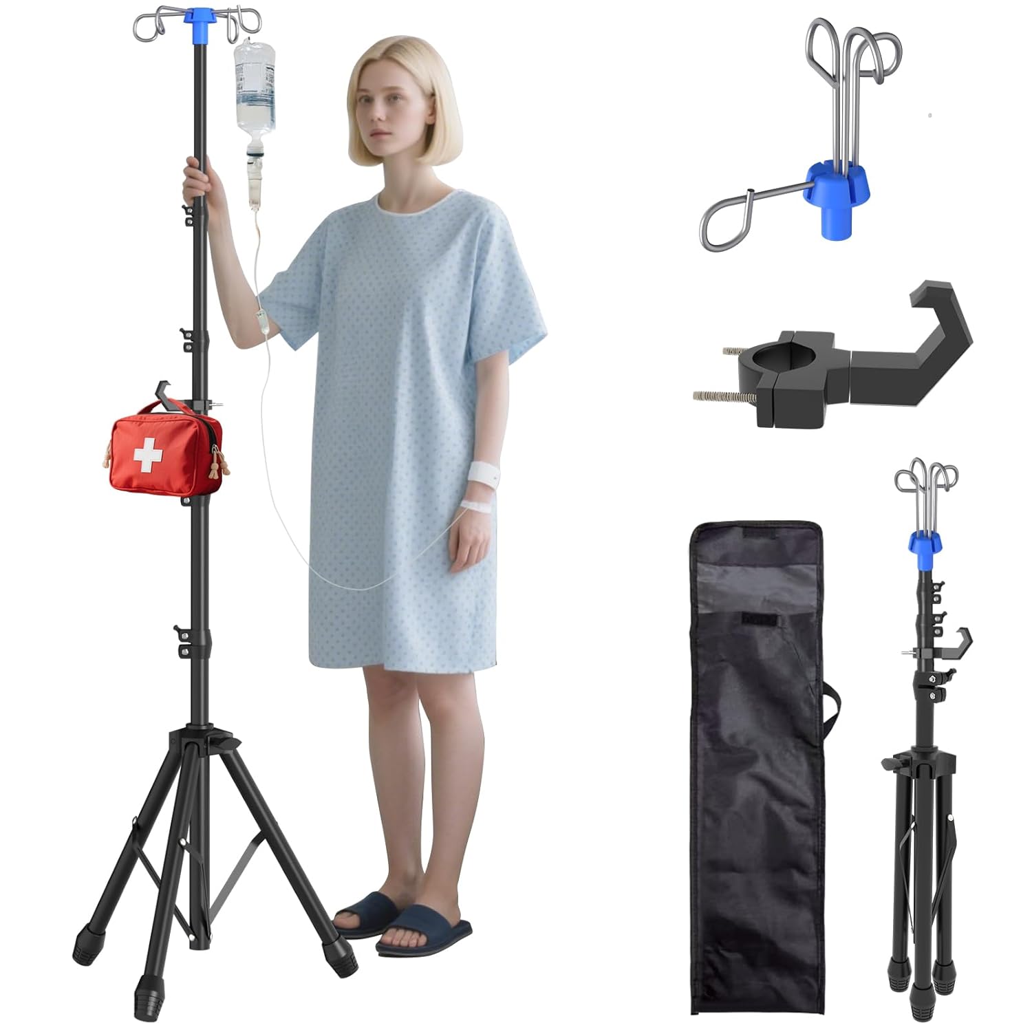 Foldable IV Pole Stand, Portable Telescoping Floor Stand with 4 Hooks, Height Adjustable, Travel Infusion Pole for Home Care, Hospitals, Nursing Homes and When Traveling