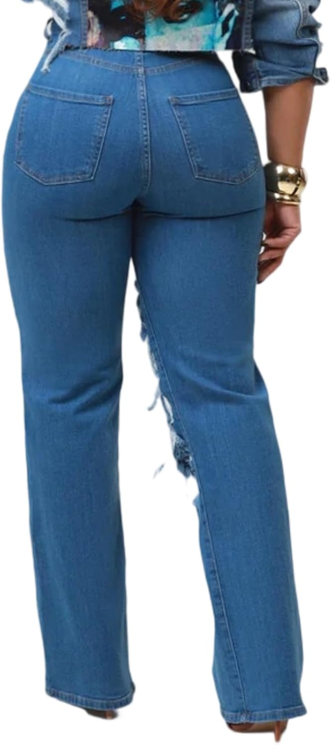 ZonJie Jeans for Women High Waist Wide Leg Distressed Raw Hem Destroyed Straight Leg Stretchy Denim Pants - Image 5