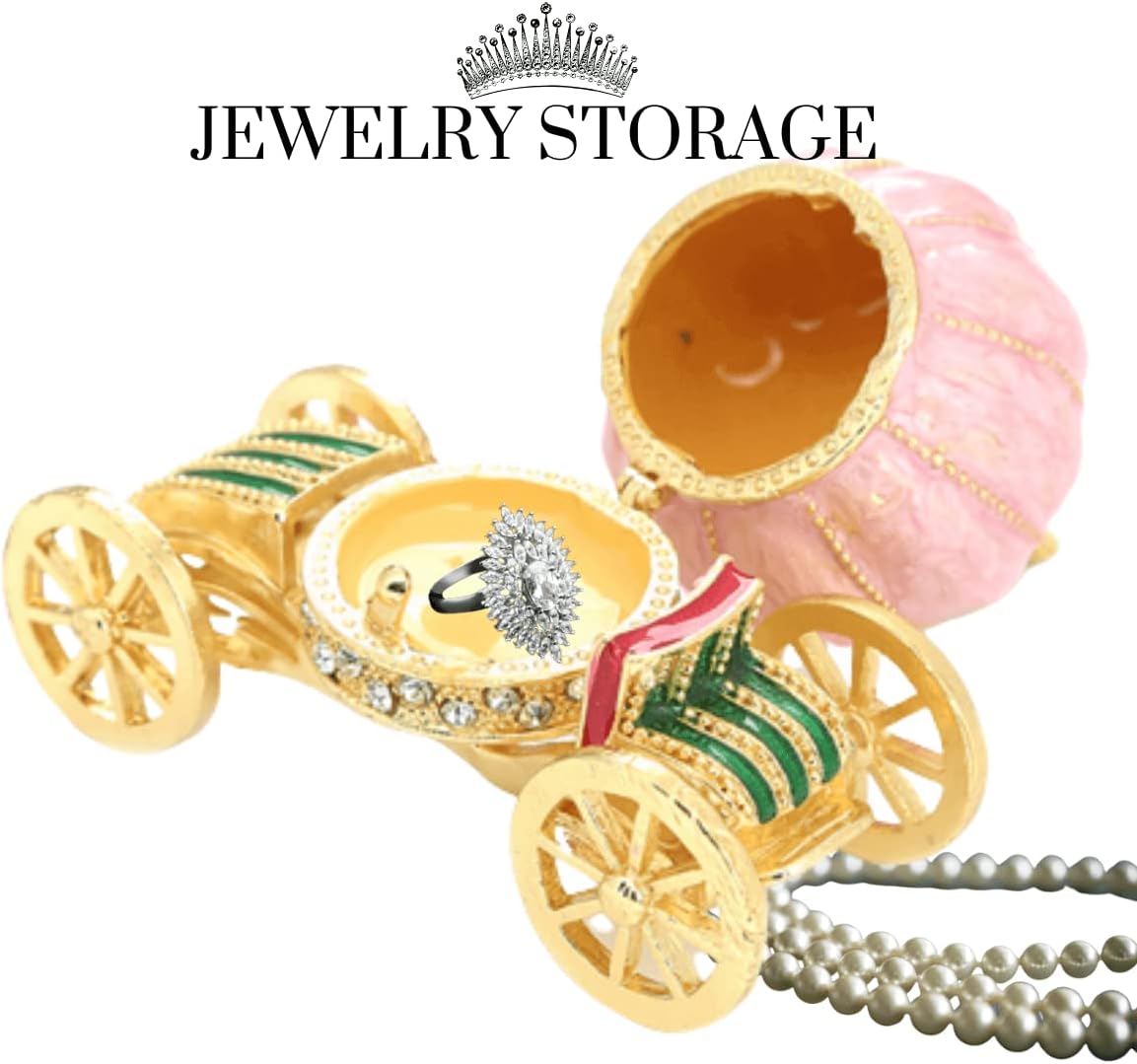 YOOYOO Unique Gift Present For Girls Women Cinderella Pumpkin Coach Crystal Studded Trinket Box,Pink Hand Painted Enameled Pumpkin,Royal Carriage Crown Jewelry Box,Hinged Jewelry Organizer