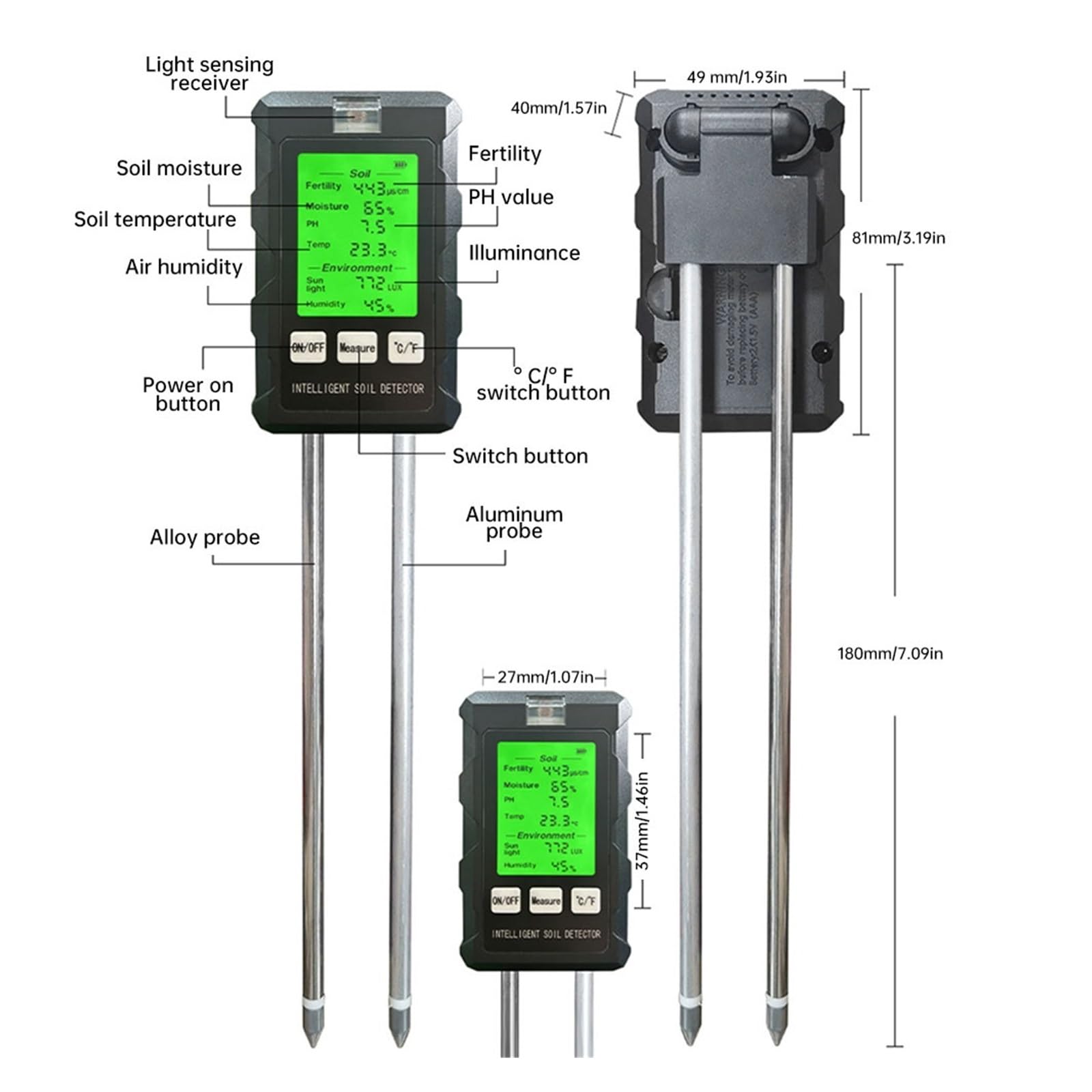 Misuratore di umidità 6 in 1, luce solare, pH, temperatura, umidità, fertilità del terreno, piante da giardino, fiori, tester di umidità, sensore di umidità del terreno