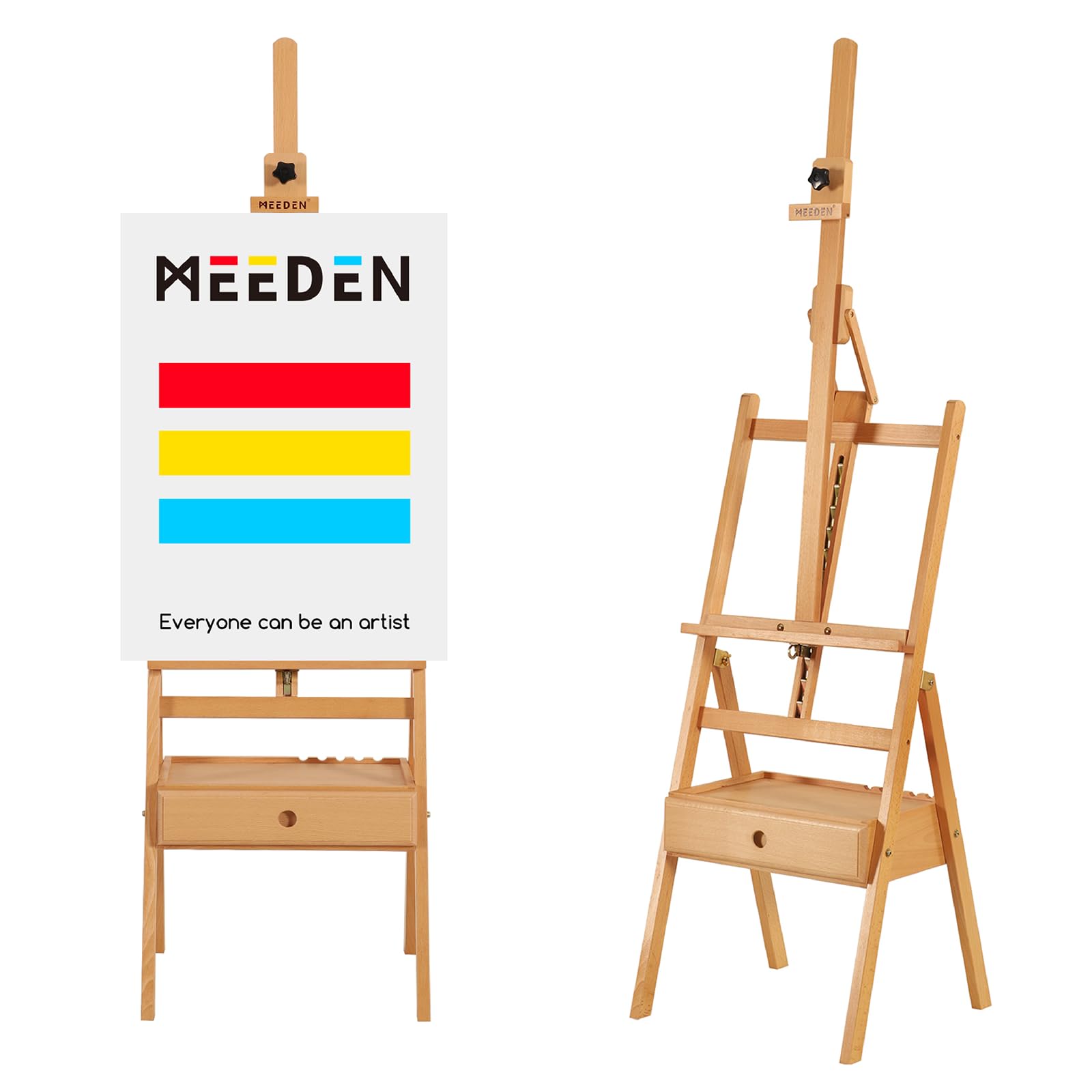MEEDEN Chevalet de Peinture en Bois avec Tiroir de Rangement : Chevalet de Studio en H Réglable en Hêtre, Grand Support de Peinture Pliable – Adapté aux Toiles jusqu'à 91 cm, Bois naturel