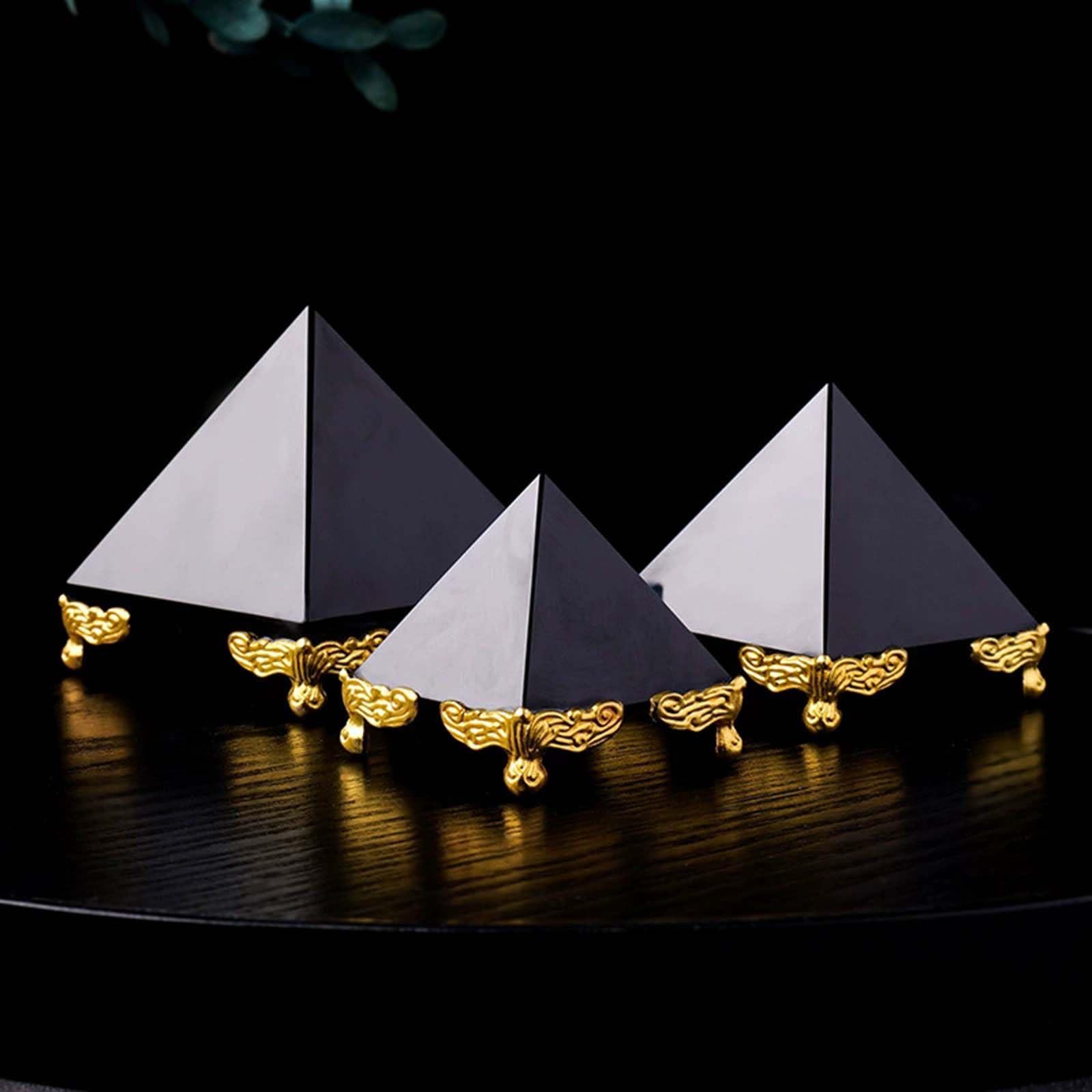 Figura de pirámide de Cristal de obsidiana Negra con Soporte Dorado
