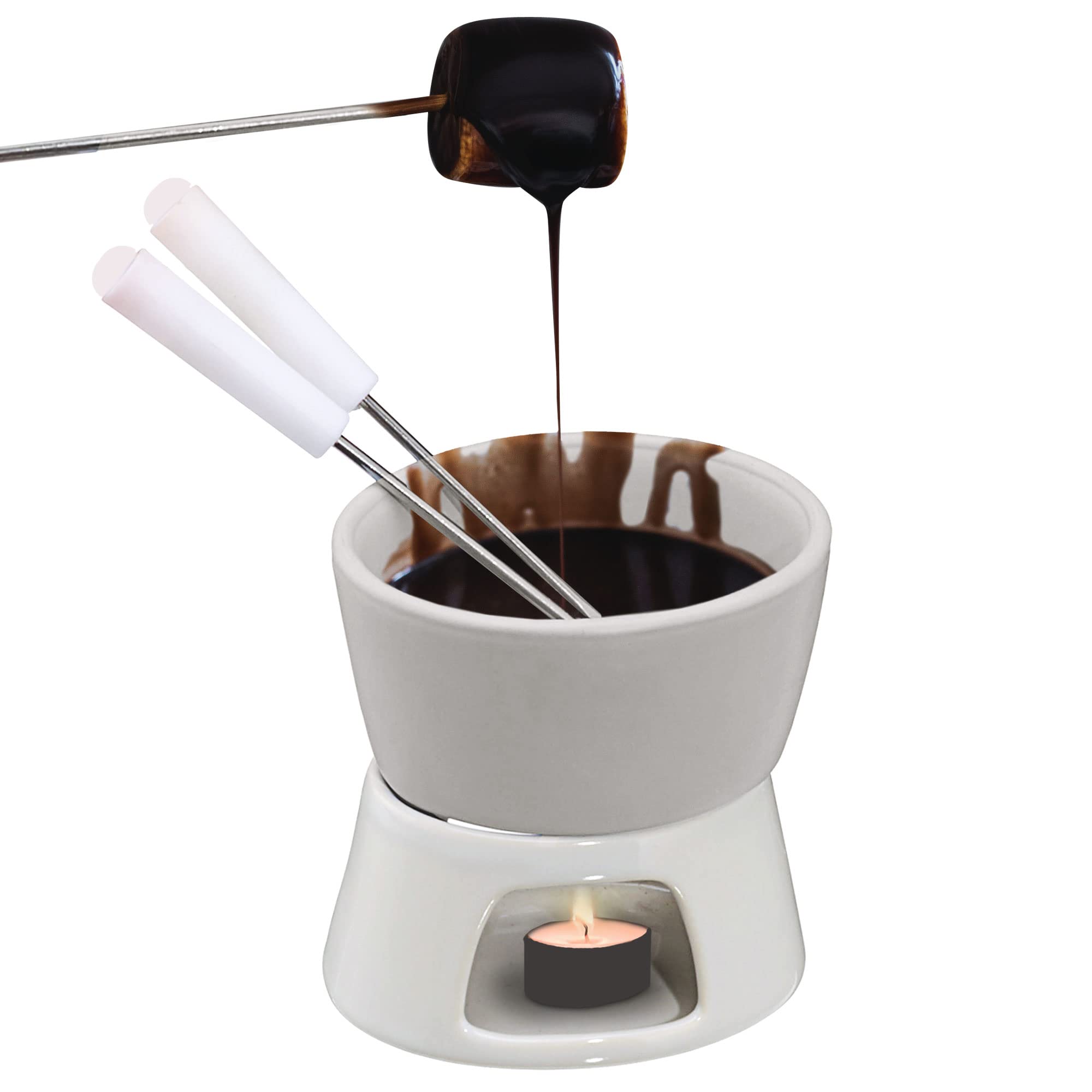 Cepewa 1 x ceramiczny zestaw do fondue czekoladowego fondue biały z 2 widelcami ze stali nierdzewnej (1 x zestaw czekoladowego fondue)