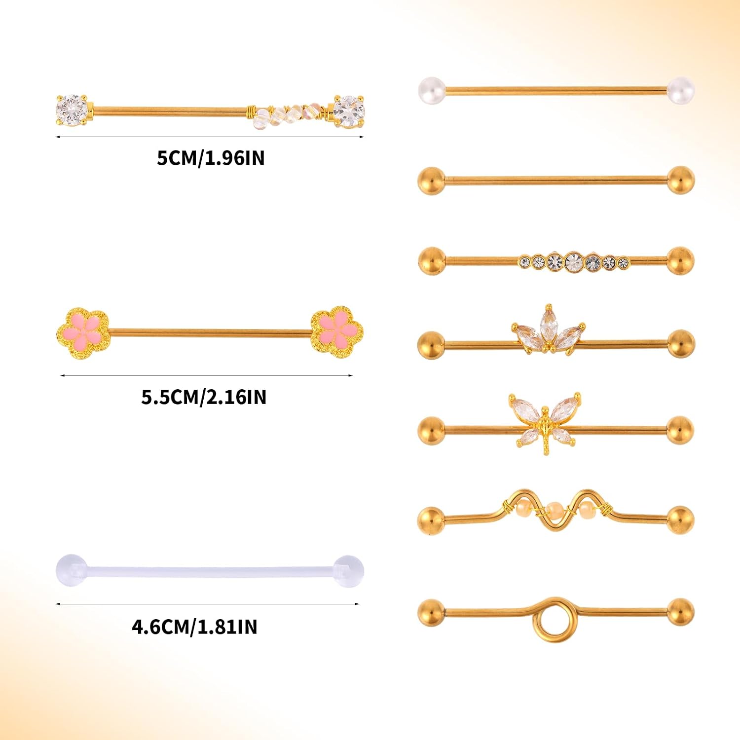 Mikovivi 10pcs 14G Industrial Piercing Bar Jewelry, Stainless Steel Gold Industrial Barbell Stud Earrings Cartilage Piercing Earrings Jewellery for Women Men