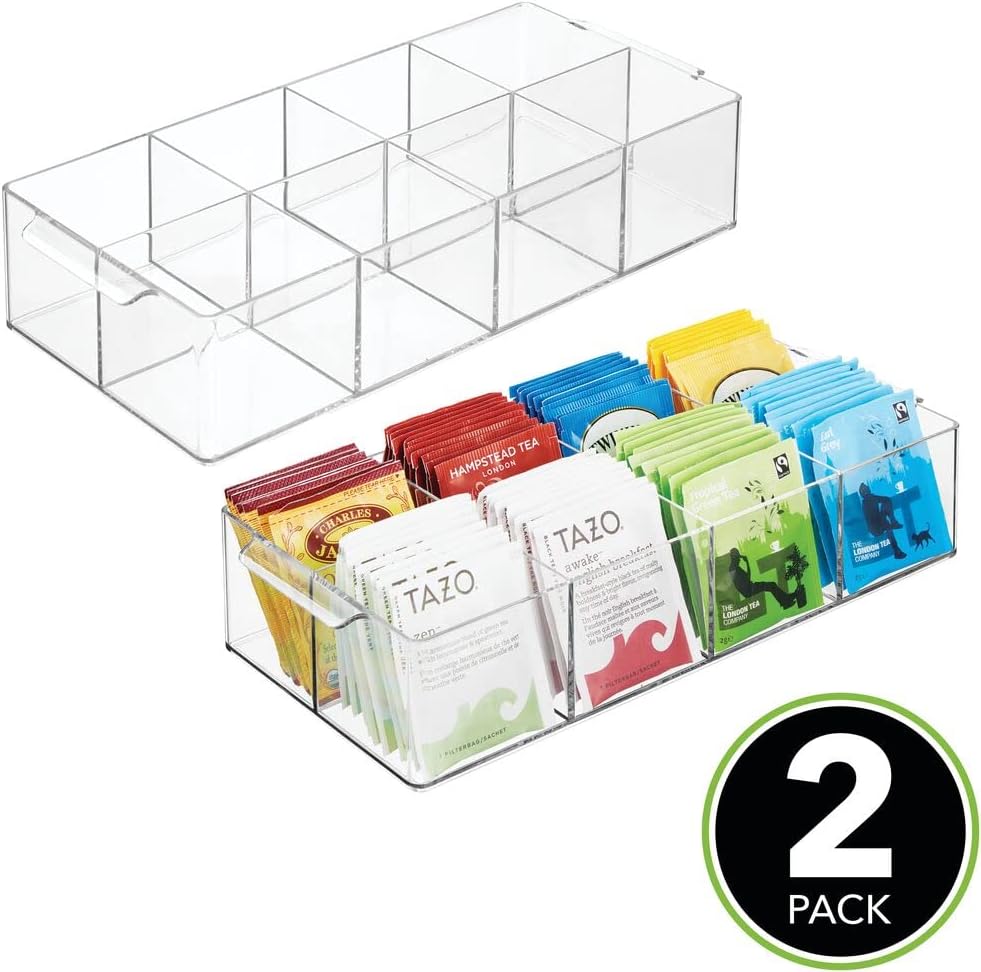 mDesign Plastic Condiment Organizer and Tea Bag Holder - 8-Compartment Kitchen Pantry/Countertop Storage Caddy - Divided Chip, Snack, Oatmeal Packet Holder - Lumiere Collection - 2 Pack, Clear