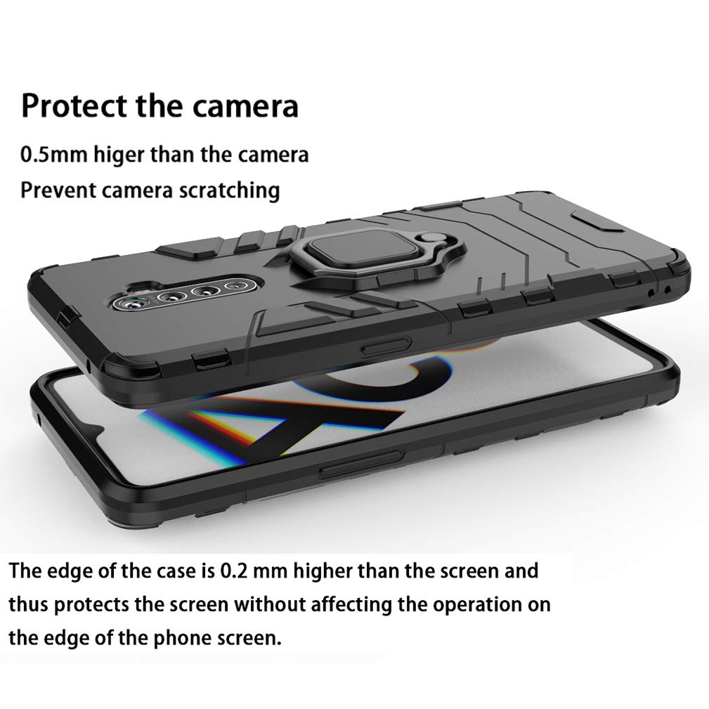 HAOYE Cover per Realme X2, Silicone Cover con 360 Gradi Girevole Anello, Armor Custodia con Supporto Magnetico Auto, Silicone TPU e PC Doppio Strato Protettiva Bumper. Nero