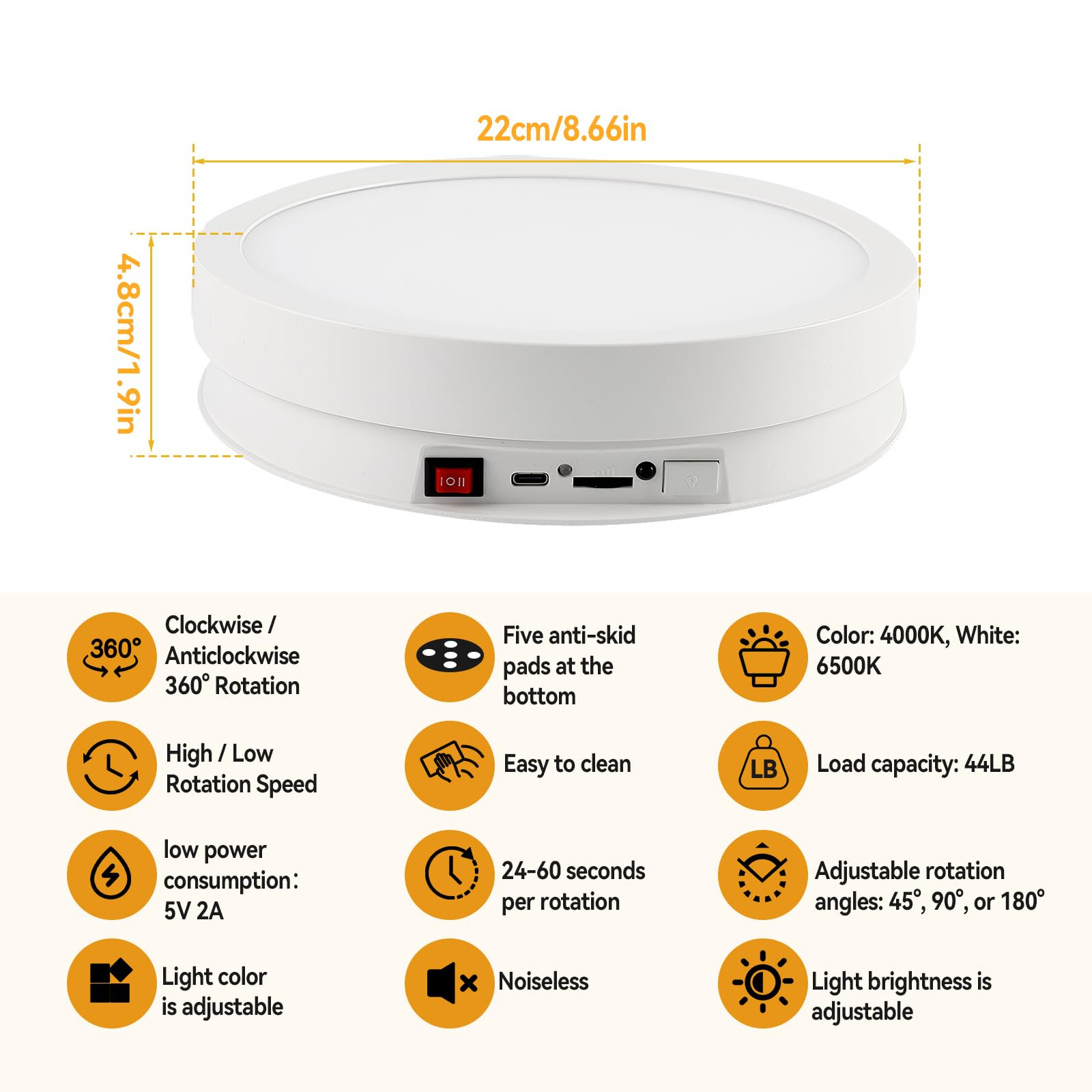 Plateau tournant électrique à 360° pour photographie, plateau tournant électrique avec télécommande et lumière LED 6 couleurs, charge de 20 kg, plateau tournant pour photo en verre et cristal (blanc)