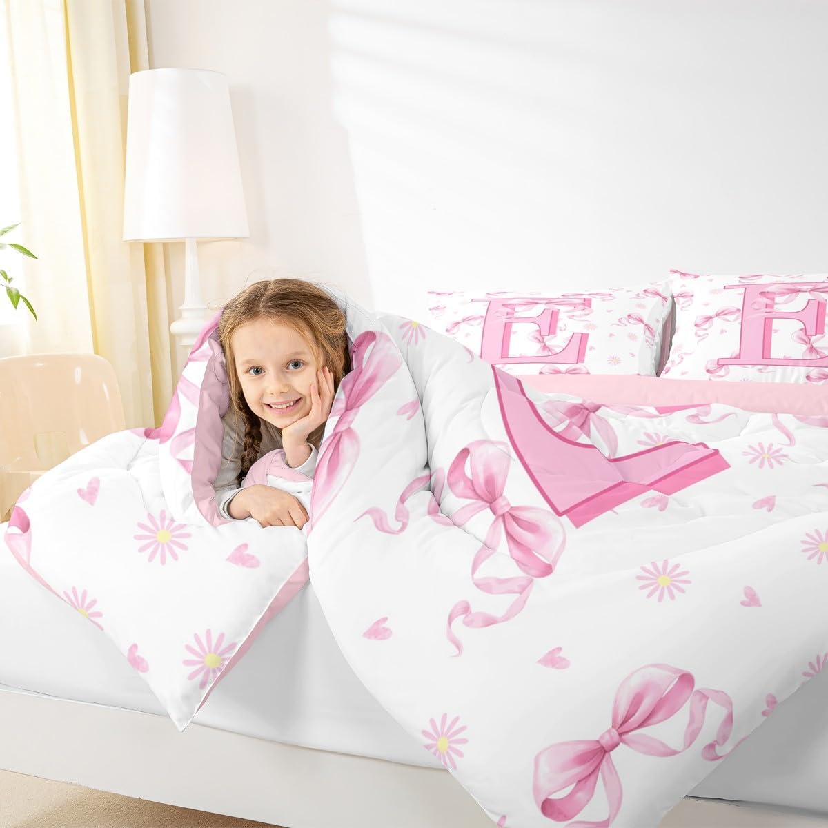 Feelyou Pink Bowknot Kids Comforter Set Twin Size Initial Letter E Bedding Set Bow Alphabet Duvet Quilt for Kids Boys Girls Bedroom Princess Floral Love Hearts Decor Ultra Soft Breathable