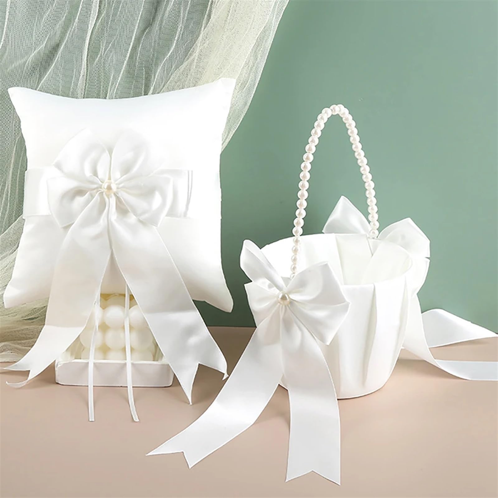Ringkissen und Blumenkorb-Set for die Hochzeit, weißes Satin-Eheringkissen mit Perlengriff Blumenkörben für die Hochzeitszeremonie(Ring Pillow Set)