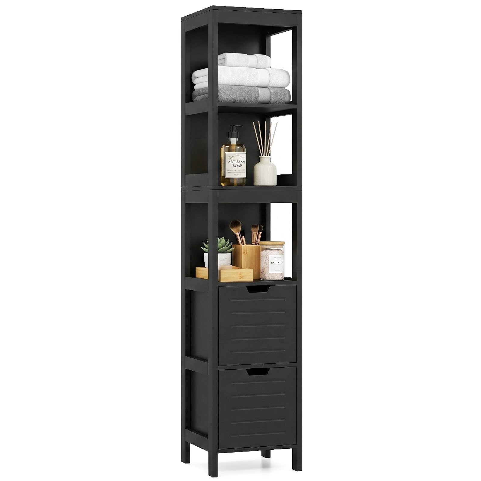 COSTWAY Bathroom Tall Cabinet, Floor Standing Organiser Cupboard with 2 Drawers and 3 Open Compartments, Home Living Room Hallway High Storage Shelf Unit (Black, 30 x 30 x 145cm)