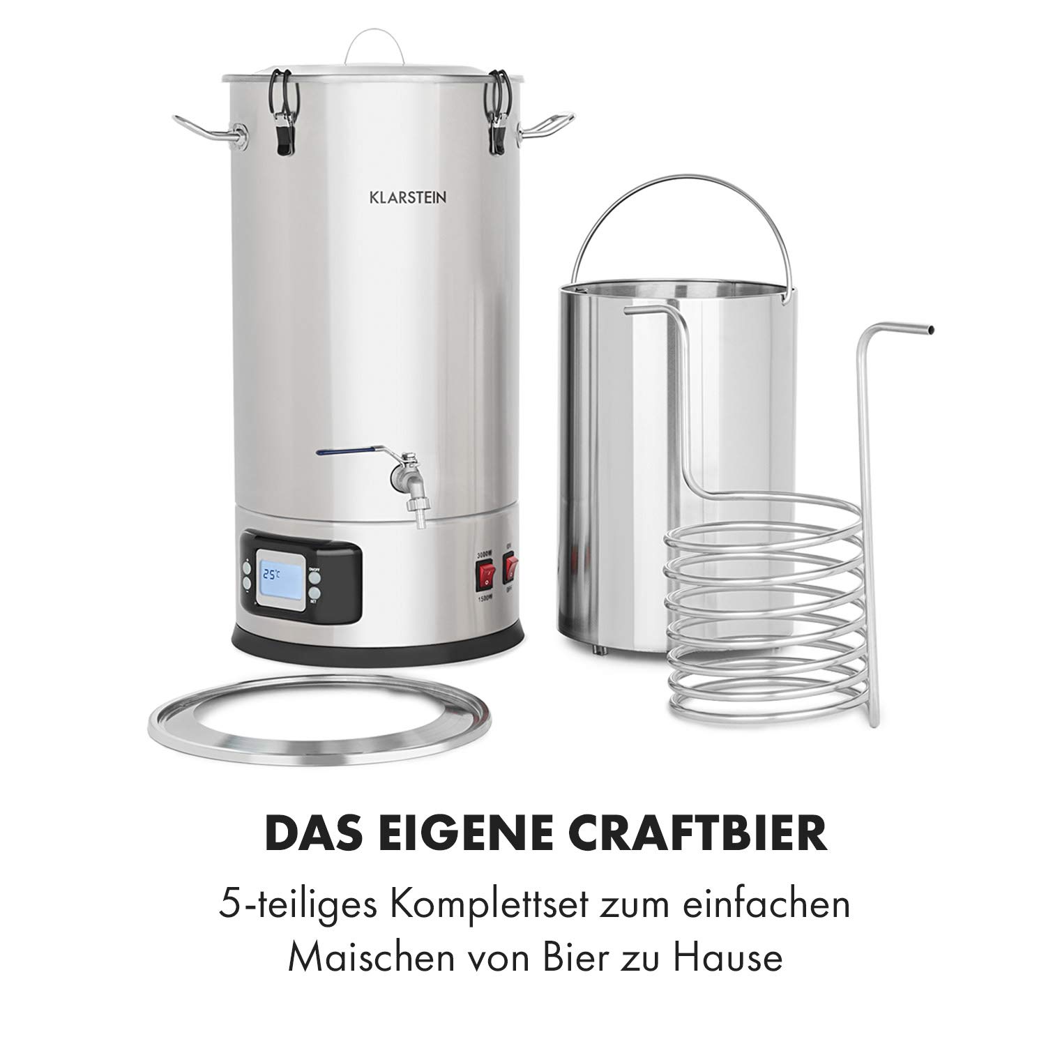 Klarstein Maischfest - Bierbrauset, Maischekessel, Bierbrauanlage mit 2 Stufen: 1500/3000 W, Bier Brauen 5-teiliges Set, Filtrier-Eimer, Kühlspirale, LCD-Display, Edelstahl, 30 Liter, Edelstahl