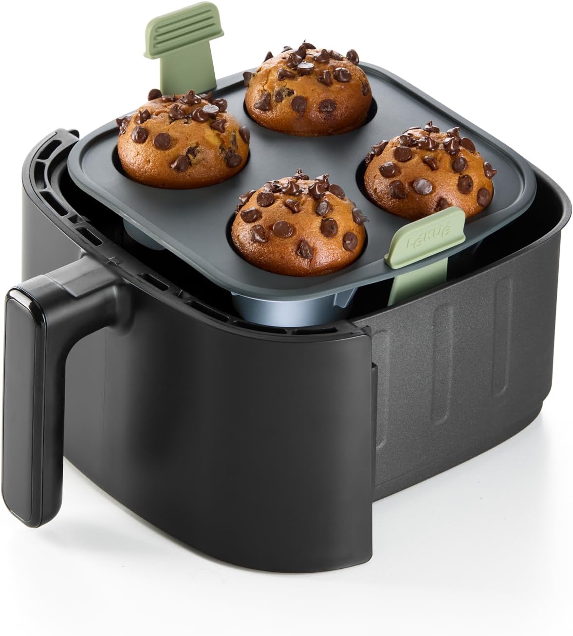 Lékué Air Fryer Muffin Mold - Make 4 Muffins in under 30 mins - 100% Platinum Silicone Baking Pan for Air Frying, Fits in Draw Tray, Pull-up Handles for Easy Removal, Non-Stick, Easy De-Molding