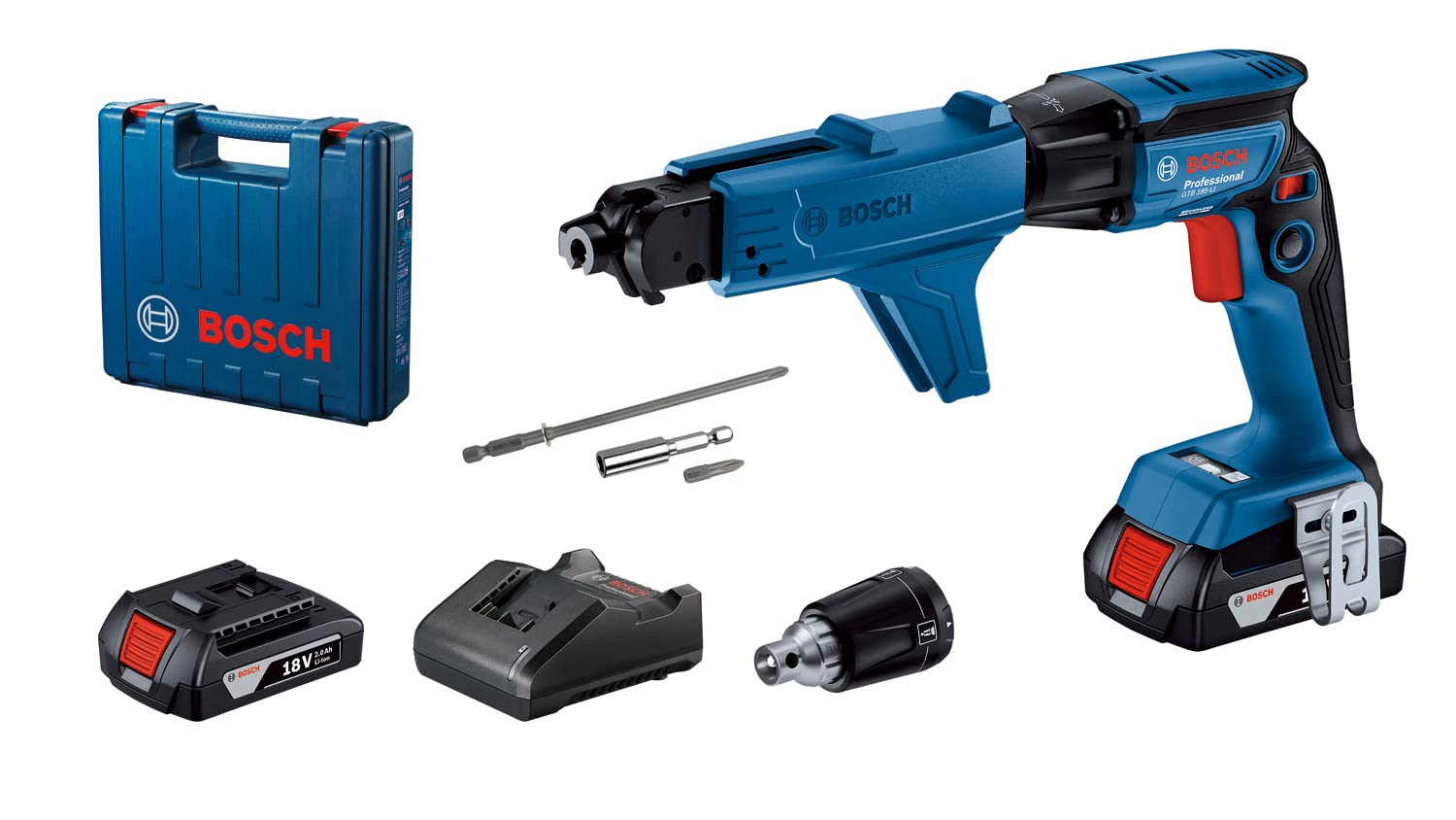 Bosch Professional Sistema 18V: GTB 185-LI Destornillador inalámbrico para montaje en paneles de yeso (2 baterías GBA 18V 2.0Ah, cargador GAL 18V-20, 1 clip para cinturón, 2 insertos de destornillador