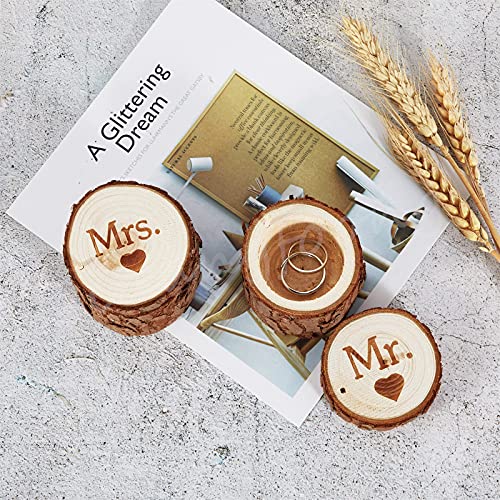 Diuangfoong 2PCS Wedding Ring Box for Ceremony & Proposal & Engagement, Round Wooden Mr. & Mrs. Ring Case, Small Jewelry Gift Boxes Organizer Container for Women Men (6 x 6 x 5 cm), DZ-SHM-YX01