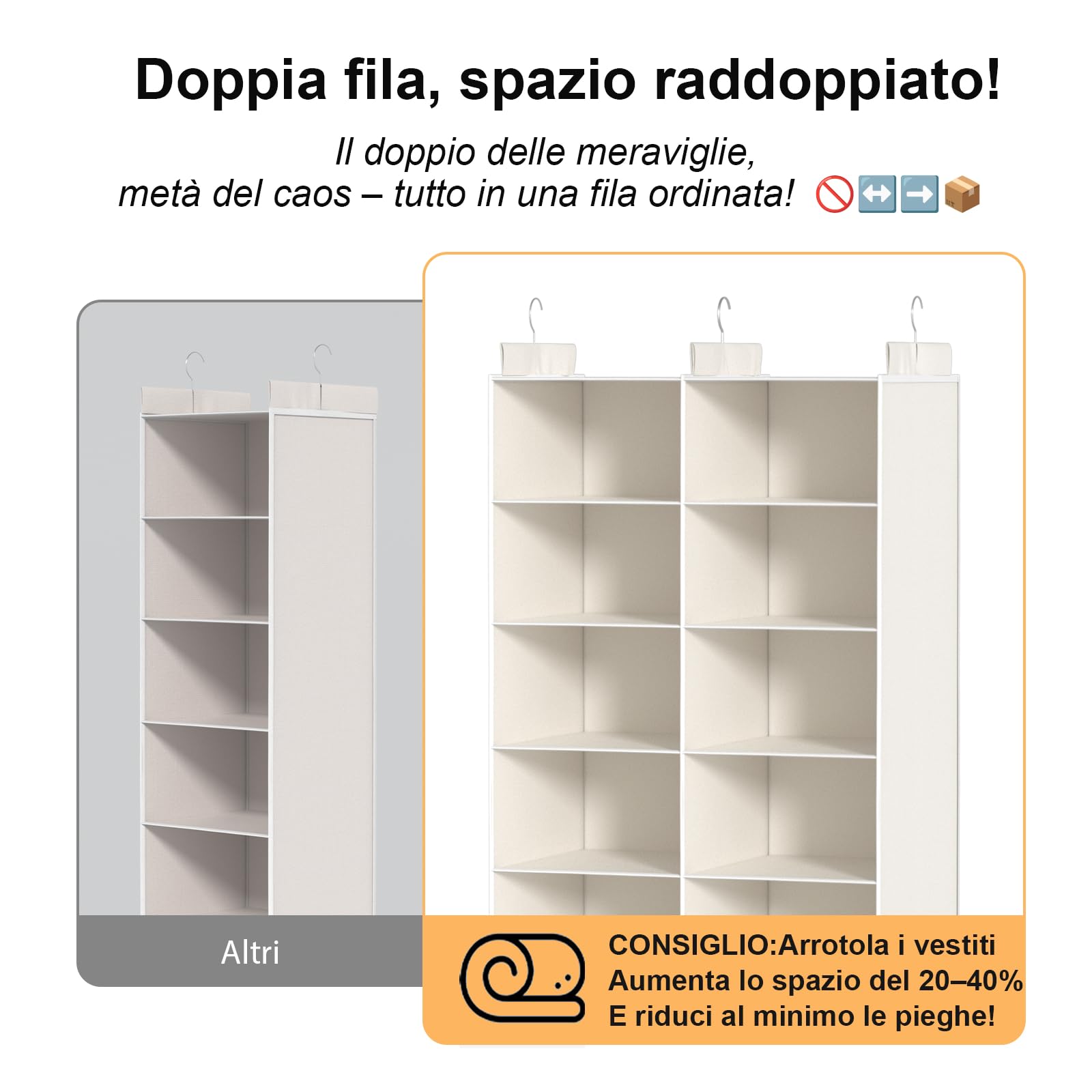 ALLTIDYUP Organizer Armadio da Appendere – Ripiano Pieghevole a Doppia Fila, 5 Ripiani, 10 Tasche e 3 Ganci, Salvaspazio, Sistema di Organizzazione – Ideale per Dormitori e Camper (Bianco)