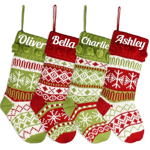 Mostop Personalized Knit Christmas Stockings 17 Inch Argyle Cable Knit Rustic Snowflake Fireplace Stockings For Xmas Family Holiday Party Decorations Season Decor