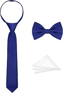 3PCS Boys Tie Set, Pre-Tied Bow Tie & Necktie with Zipper Adjustable, Pocket Square for Wedding Party Graduation
