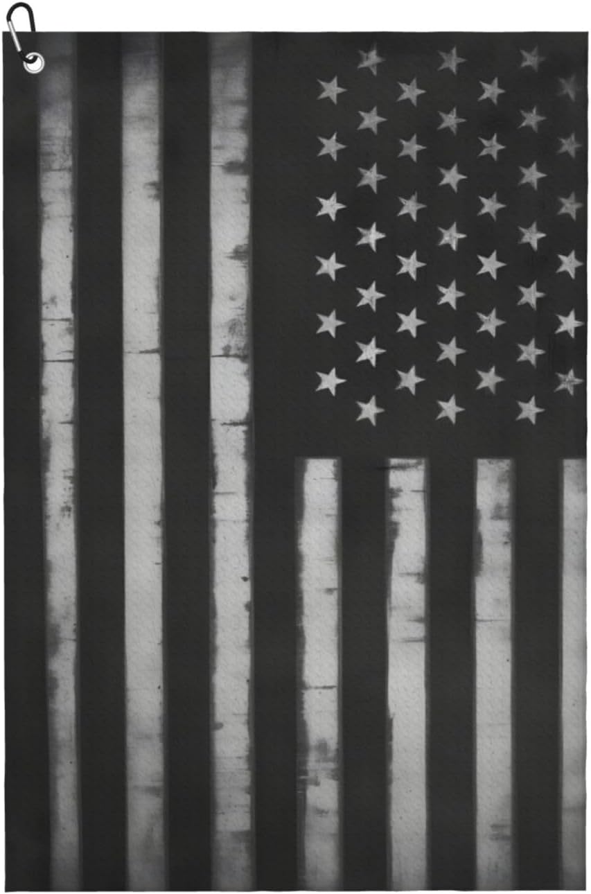 Black American Flag Golf Towel 24×16 Inches Quick Dry Funny Golf Towel with Carabiner Clip Absorbent Microfiber Waffle